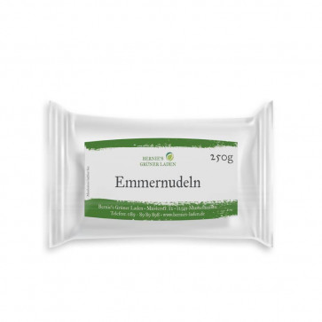 Kleines Hofladen-Etikett "Emmernudeln" in der Tüte