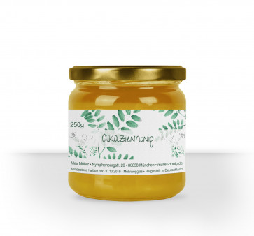 Kleines Honigglas-Etikett "Akazienhonig" auf Glas