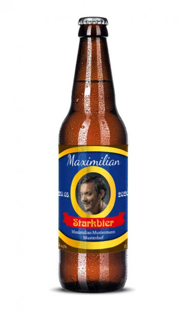 Bieretiketten "Starkbier" auf Bierflasche