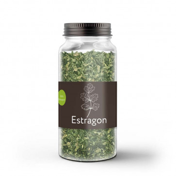 Kleines Gewürzetikett "Estragon" auf Glas