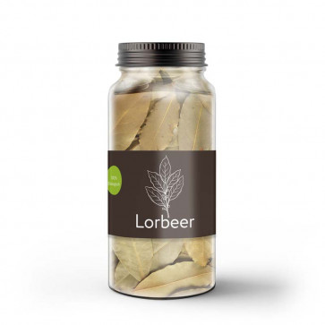 Kleines Gewürzetikett "Lorbeer" auf Glas