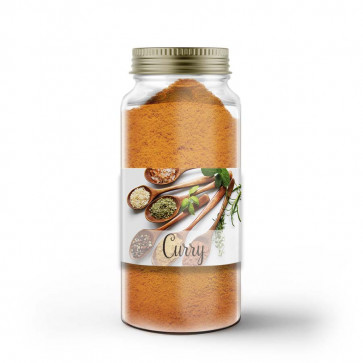 Kleines Gewürzetikett "Curry" auf Glas