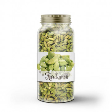 Kleines Gewürzetikett "Kardamon" auf Glas
