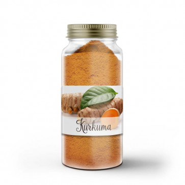 Kleines Gewürzetikett "Kurkuma" auf Glas