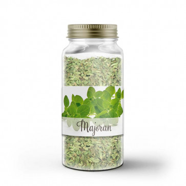 Kleines Gewürzetikett "Majoran" auf Glas