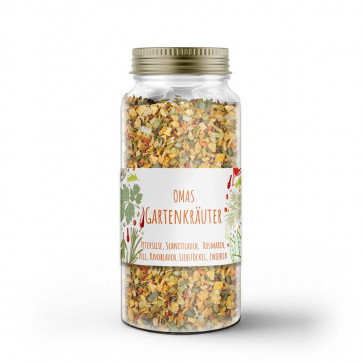 Kleines Gewürzetikett "Omas Garten" auf Glas