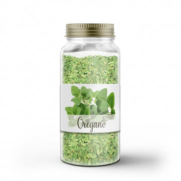 Kleines Gewürzetikett "Oregnao" auf Glas