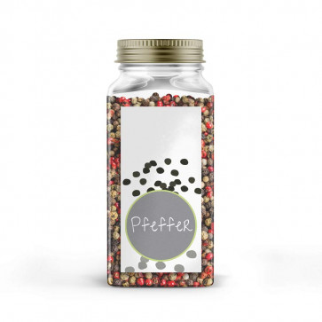 Kleines Gewürzetikett "Pfeffer" auf Glas