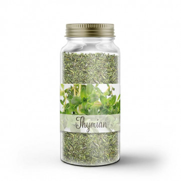 Kleines Gewürzetikett "Thymian" auf Glas