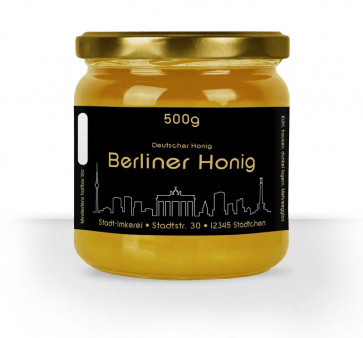 Matter Golddruck auf gold-schwarzem Honigetikett "Berlin"