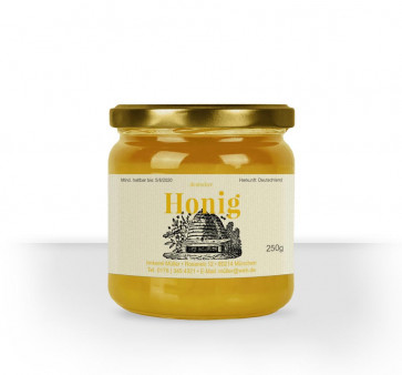 Honigglasetikett "Bienenhaus" (gelb) auf Leinenstrukturpapier
