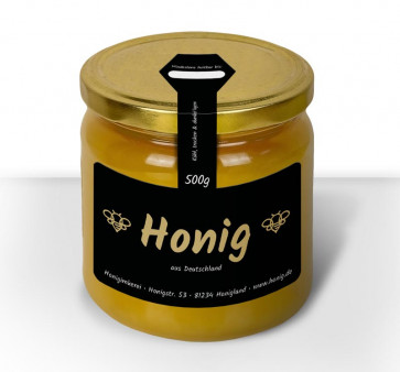 Gewährverschlussetikett "Black Bee" auf Honigglas