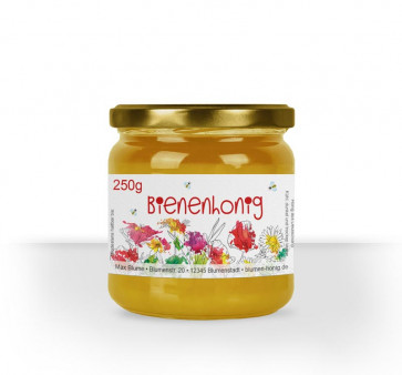 Ansicht Kleines Etikett "Blumentango" gedruckt auf weißem Papier