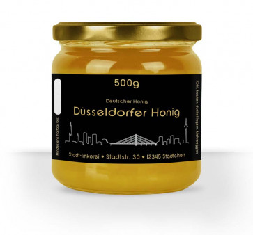 Matter Golddruck auf gold-schwarzem Honigetikett "Düsseldorf"