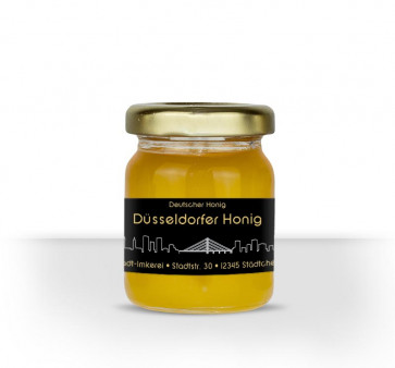 Matter Golddruck auf gold-schwarzem Honigetikett "Düsseldorf"
