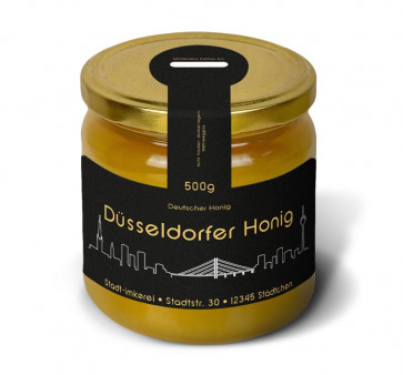 Matter Golddruck auf gold-schwarzem Honigetikett "Düsseldorf"