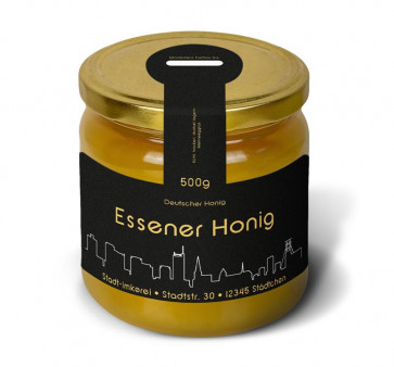 Matter Golddruck auf gold-schwarzem Honigetikett "Essen"