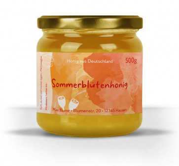 Etikett "Farbentanz" in orange auf Honigglas