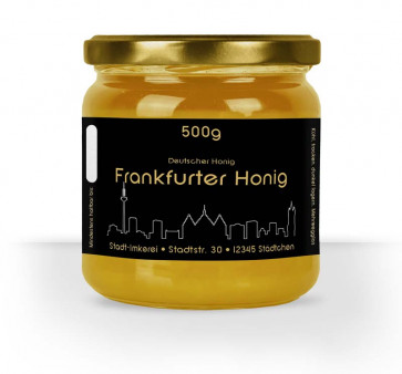 Matter Golddruck auf gold-schwarzem Honigetikett "Frankfurt"