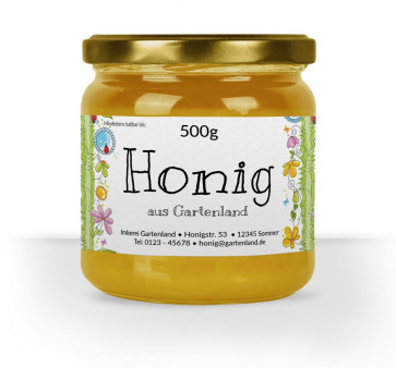 Etikett "Gartenland" gedruckt auf Graspapier