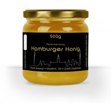 Matter Golddruck auf gold-schwarzem Honigetikett "Hamburg"