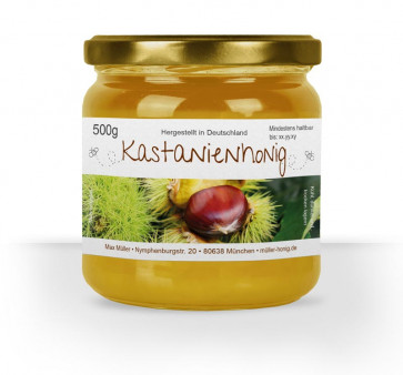 Etikett "Kastanienhonig" auf Glas