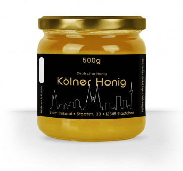 Matter Golddruck auf gold-schwarzem Honigetikett "Köln"