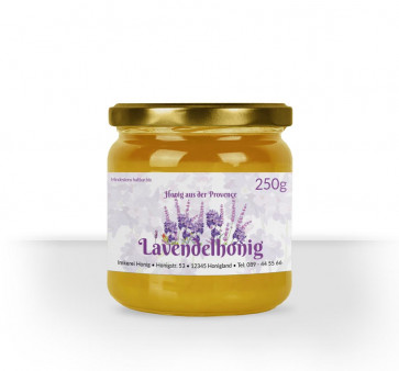 Kleines Etikett "Lavendeltraum" auf Lavendelhonig