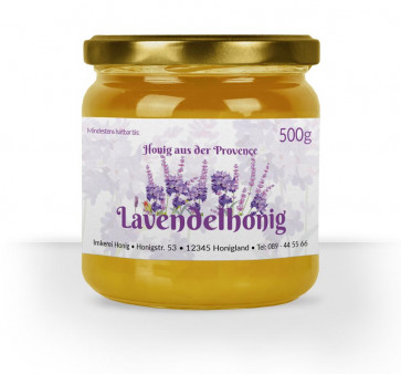 Etikett "Lavendeltraum" auf Glas mit Lavendelhonig