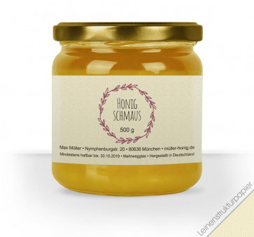 "Siegeskranz"-Honigglasetiketten auf Leinenstrukturpapier