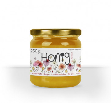 Kleines Etikett "Poppy" auf Honigglas