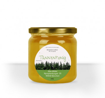 Rundes Etikett "Tannenhonig" auf Honigglas