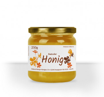 Kleines Etikett "Stempelblume" auf Honigglas