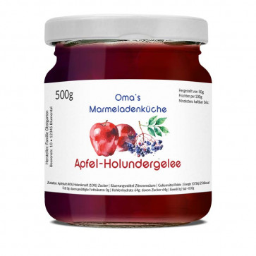 Etikett "Apfel-Holunder-Gelee" auf dem Glas