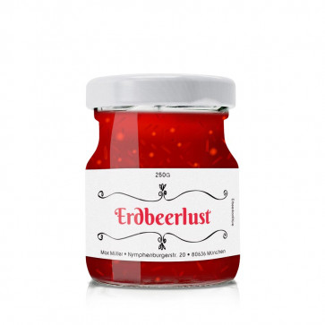 Kleine Konfitürenetikett "Erdbeerlust" auf Glas