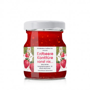 Kleines Konfitürenetikett "Erdbeer Sonst Nix" auf Glas