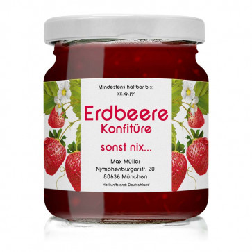 Konfitürenetikett "Erdbeer Sonst Nix" auf Glas