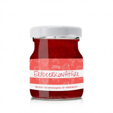 Kleines Konfitürenetikett "Erdbeertanz" auf Glas