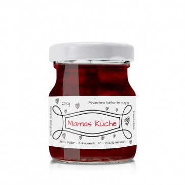 Kleines Konfitürenetikett "Mamas Küche" auf dem Glas
