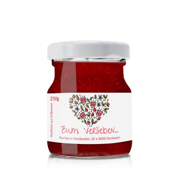 Kleines Konfitürenetikett "Zum Verlieben" auf dem Glas