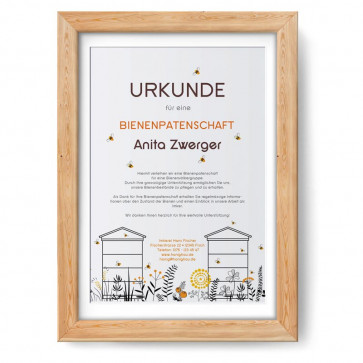 Urkunde im Design "Blumenbeute" im Holzrahmen, eiche-natur