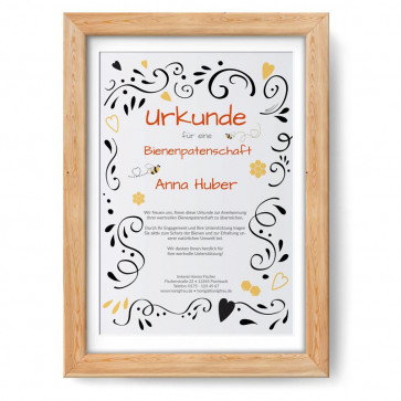 Urkunde im Design "Honigliebe" im Holzrahmen, eiche-natur