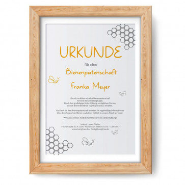 Urkunde im Design "Honigzauber" im Holzrahmen, eiche-natur