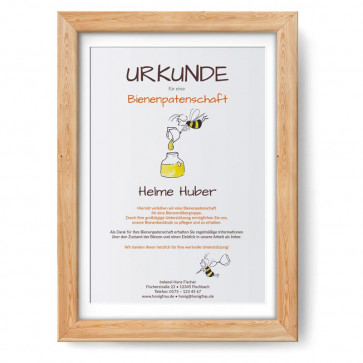 Urkunde im Design "Honigsammlerin" im Holzrahmen, eiche-natur