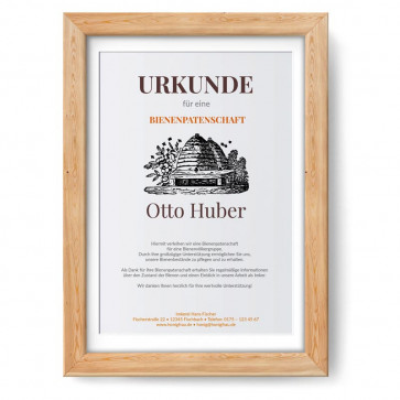 Urkunde im Design "Bienenhaus" im Holzrahmen, eiche-natur