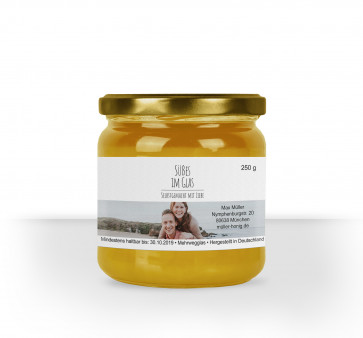 Fotostyle-Honigglasetikett "Selbstgemacht mit Liebe" auf Glas