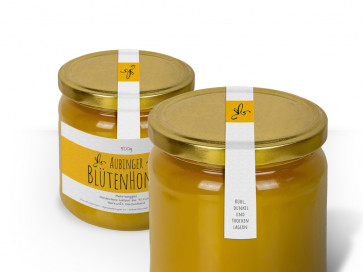 Siegeletiketten "Blütenhonig" (gelb) auf weißem Papier