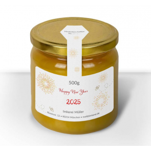 Ansicht Gewährverschlußetikett "Neujahr" auf Honigglas (Frühtracht)