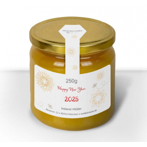 Gewährverschlussetikett "Neujahr" auf Honigglas (Frühtracht)