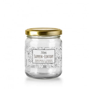 Kleines Hofladen-Etikett "Suppeneintopf" auf Glas